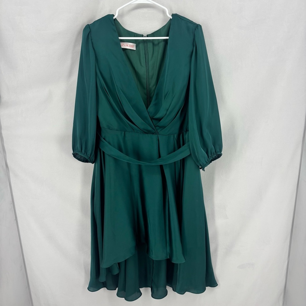 JJs House Dark Green Chiffon Wrap Style Dress Long Sleeve Flowy Skirt Size 14